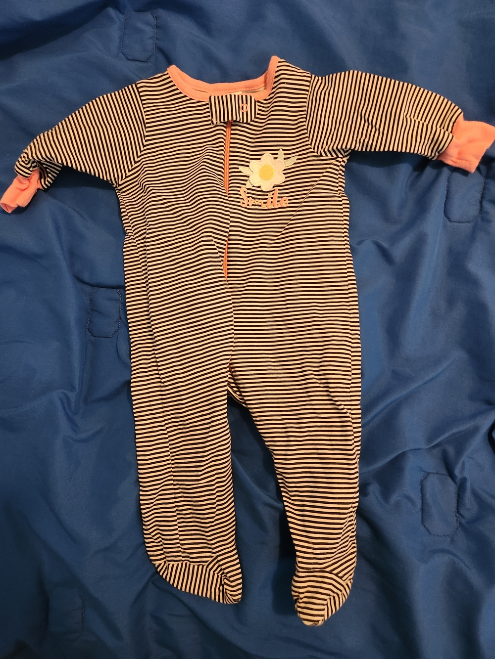 Striped Navy & White Baby One-Piece with Coral Trim